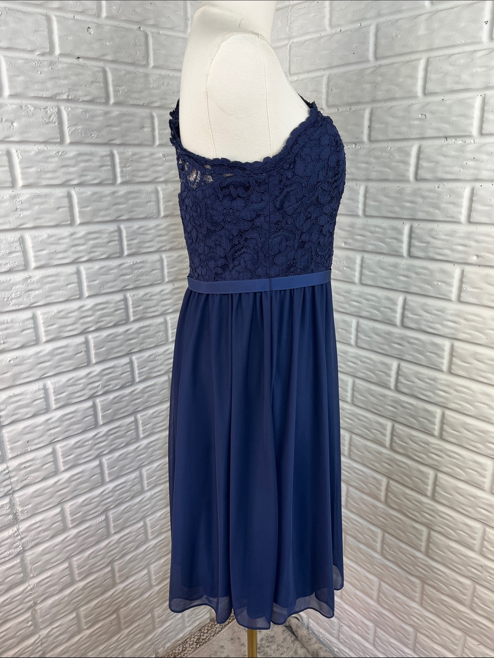 DAVID’S BRIDAL ONE SHOULDER MARINE NAVY LACE SHORT BRIDESMAID DRESS LINED SZ 8 - Picture 6 of 14